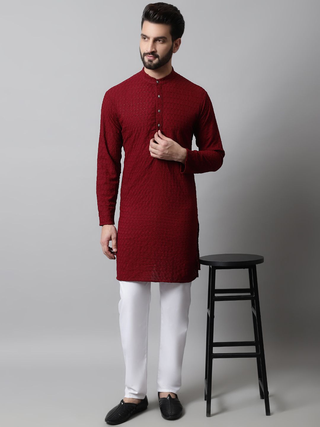 Jompers Men Maroon Embroidered Chikankari Pure Cotton Kurta with Pyjamas