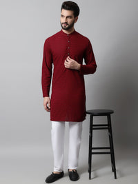 Jompers Men Maroon Embroidered Chikankari Pure Cotton Kurta with Pyjamas