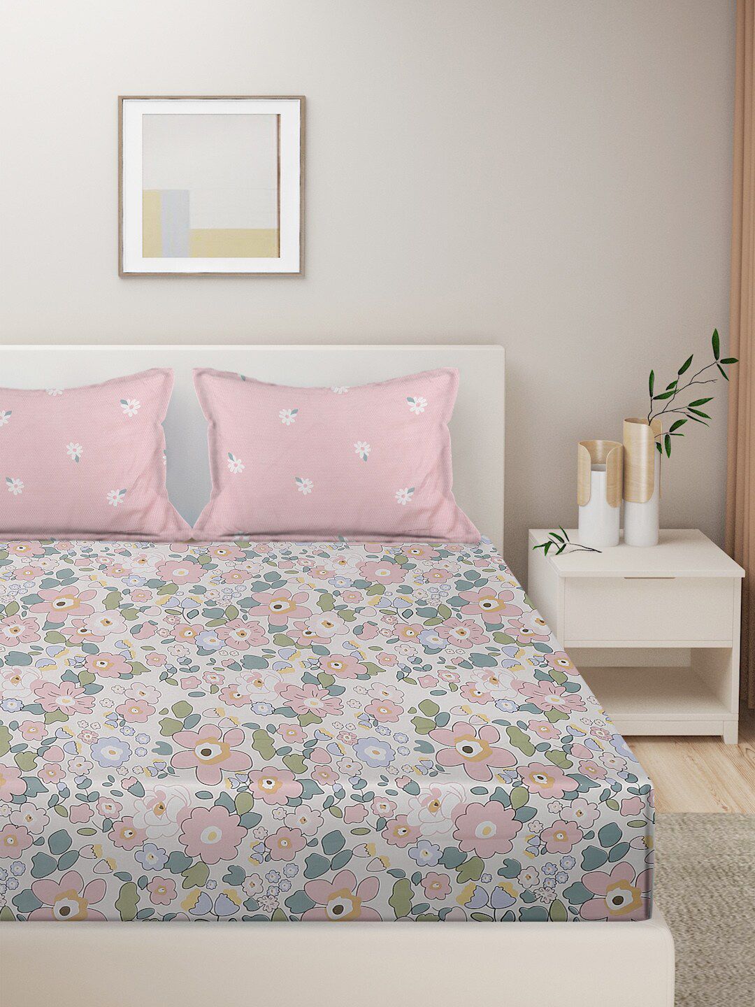HOSTA HOMES White & Pink Floral 280 TC King Pure Cotton Bedsheet with 2 Pillow Covers