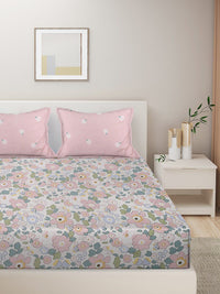 HOSTA HOMES White & Pink Floral 280 TC King Pure Cotton Bedsheet with 2 Pillow Covers