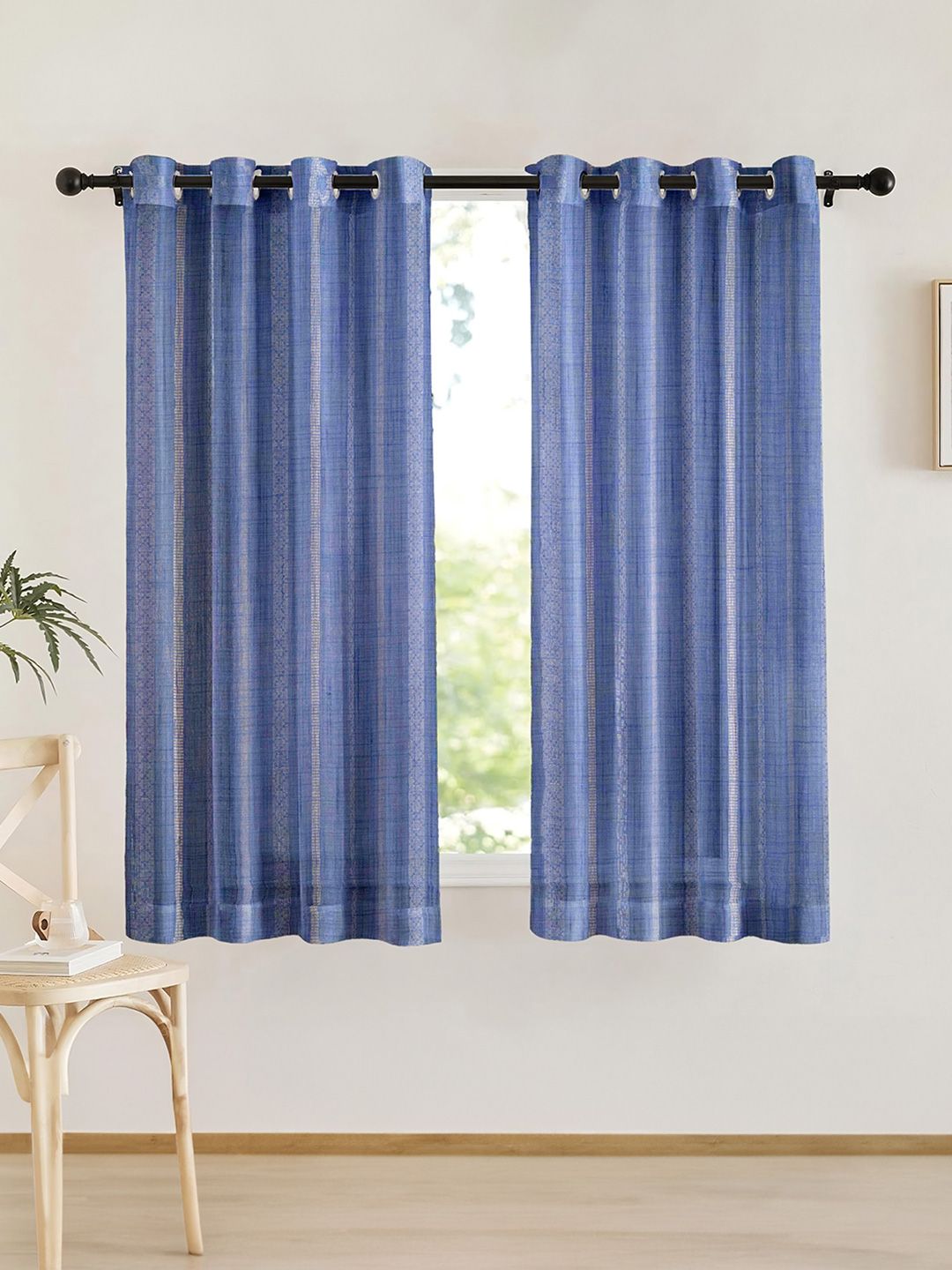 URBAN SPACE Blue & White 2 Pieces Striped Sheer Window Curtain