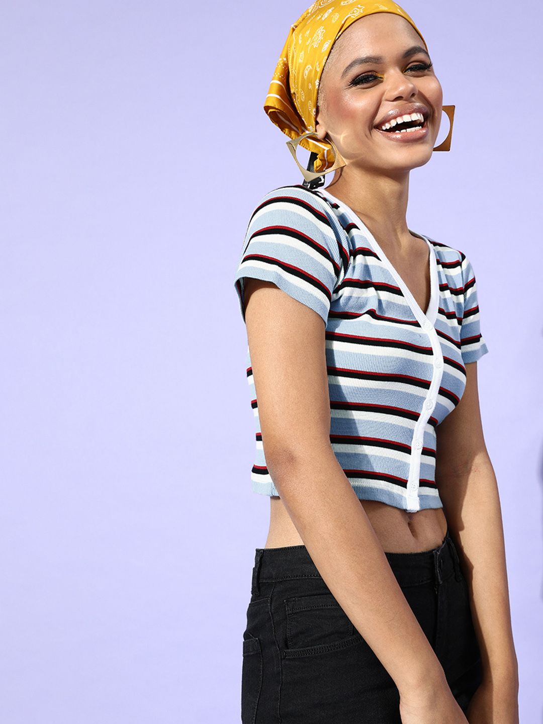 SASSAFRAS Blue & White Striped Regular Crop Top