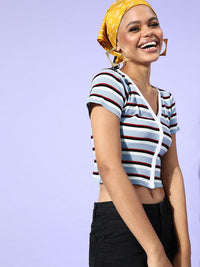 SASSAFRAS Blue & White Striped Regular Crop Top