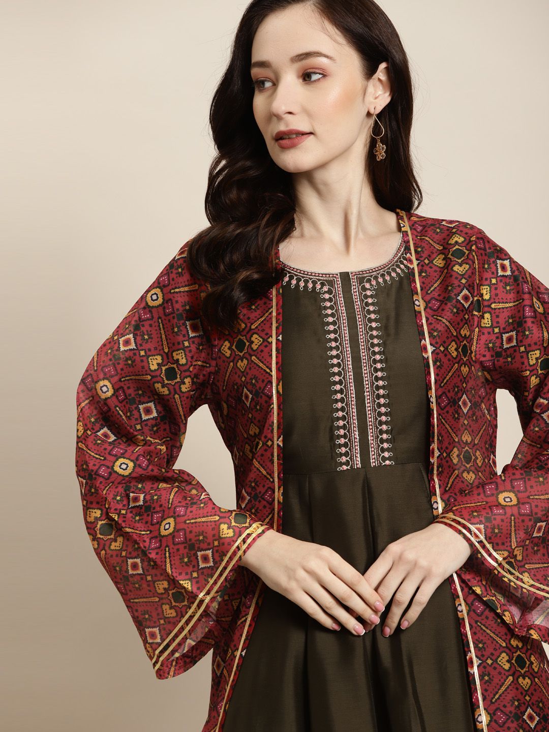 Shae by SASSAFRAS Women Maroon & Green Patola Longline Front Open Shrug