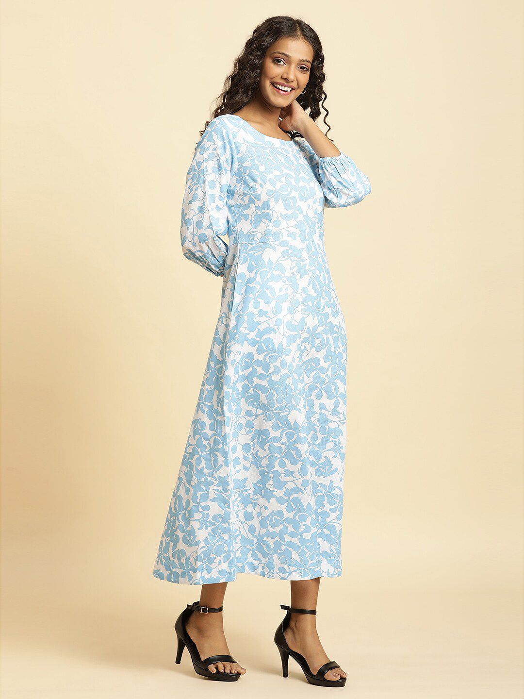 W Floral Printed Cotton A Line Midi Dress