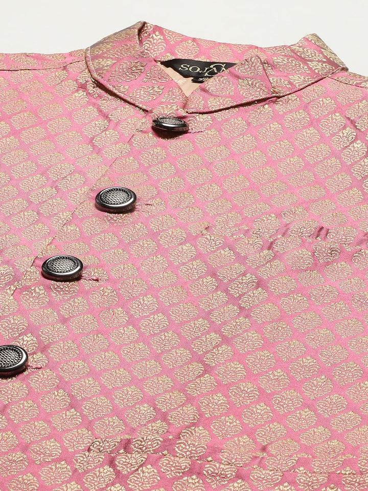SOJANYA Men Peach-Coloured Chikankari Pure Cotton Kurta with Churidar & Nehru Jacket
