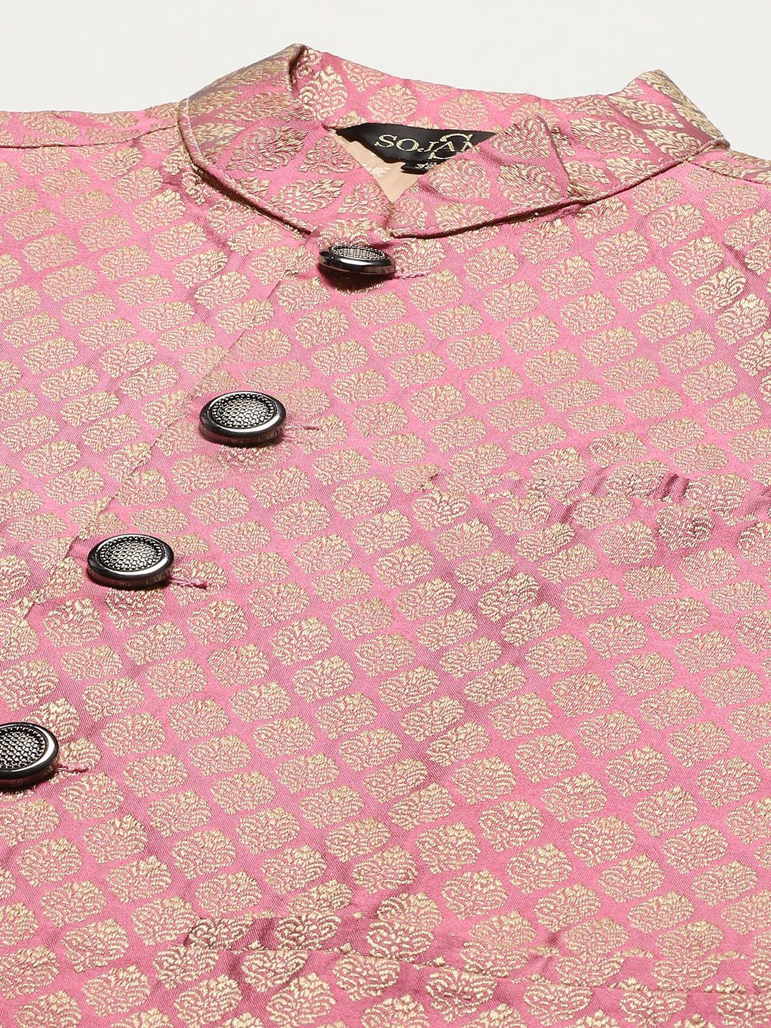 SOJANYA Men Peach-Coloured Chikankari Pure Cotton Kurta with Churidar & Nehru Jacket