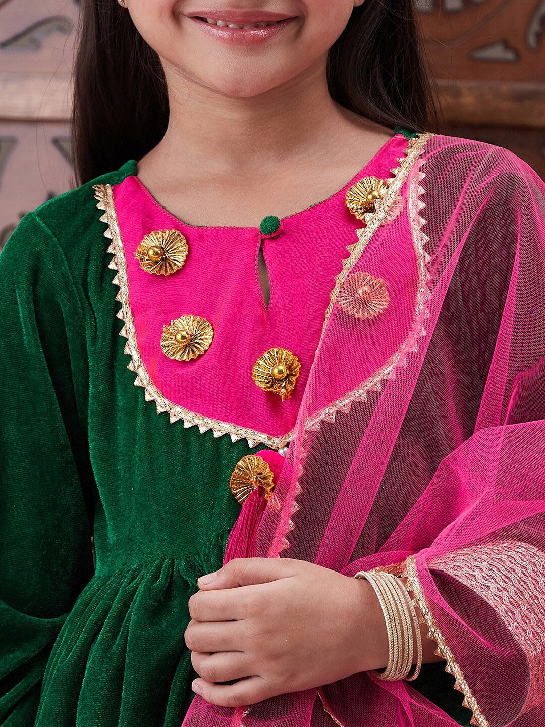 pspeaches Girls Ethnic Motifs Yoke Design Gotta Patti A-Line Kurta With Trouser & Dupatta