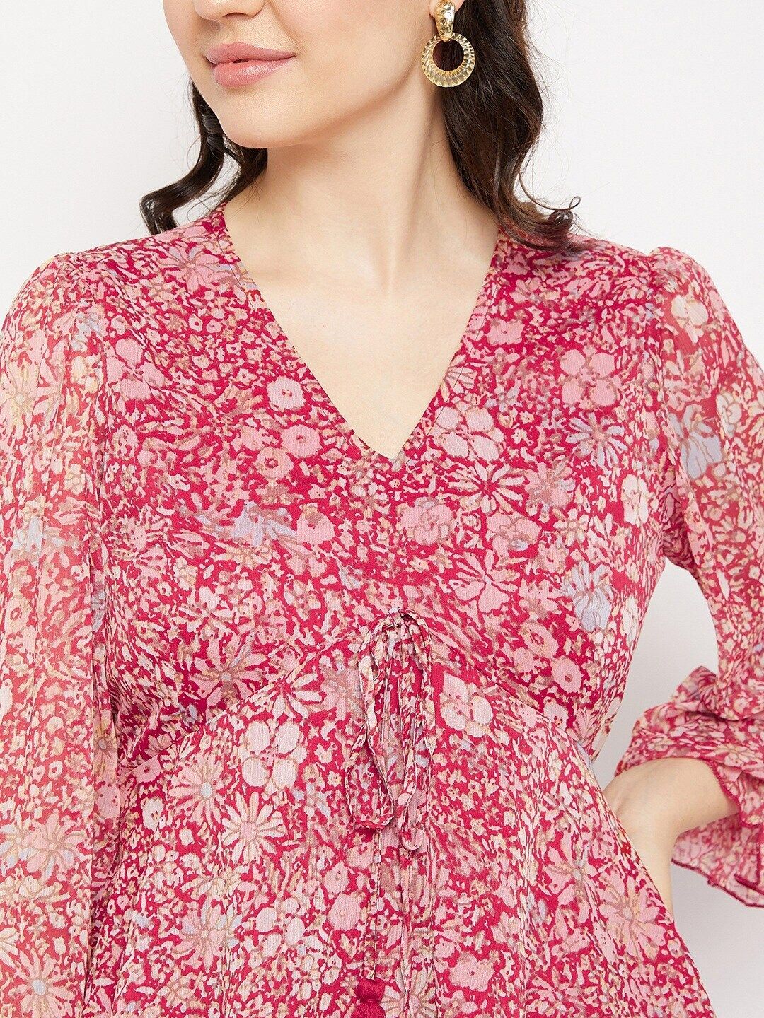 Antheaa Floral Printed Puff Sleeve Peplum Top