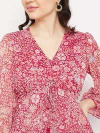 Antheaa Floral Printed Puff Sleeve Peplum Top