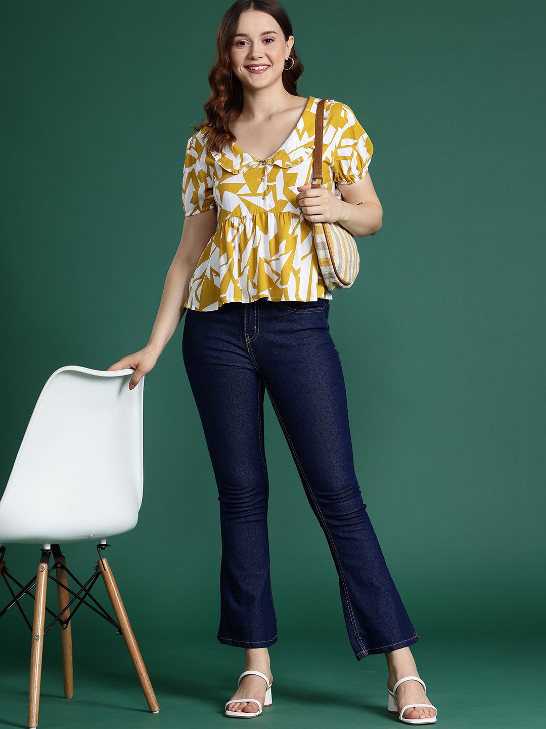 DressBerry Geometric Print Puff Sleeve Empire Top