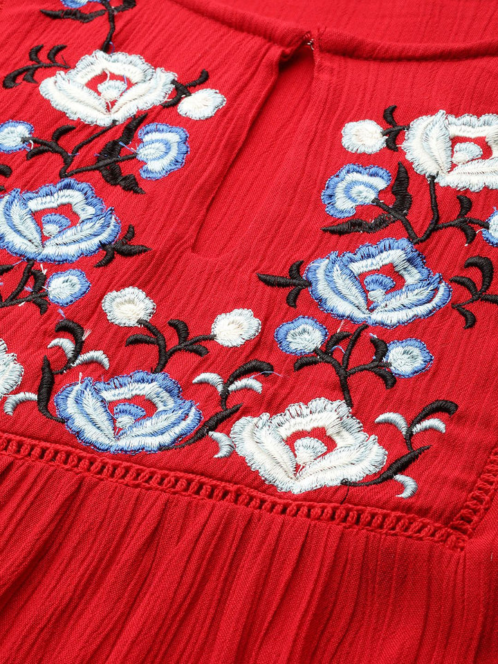 DressBerry Red & Blue Floral Embroidered Keyhole Neck Puff Sleeve Empire Top