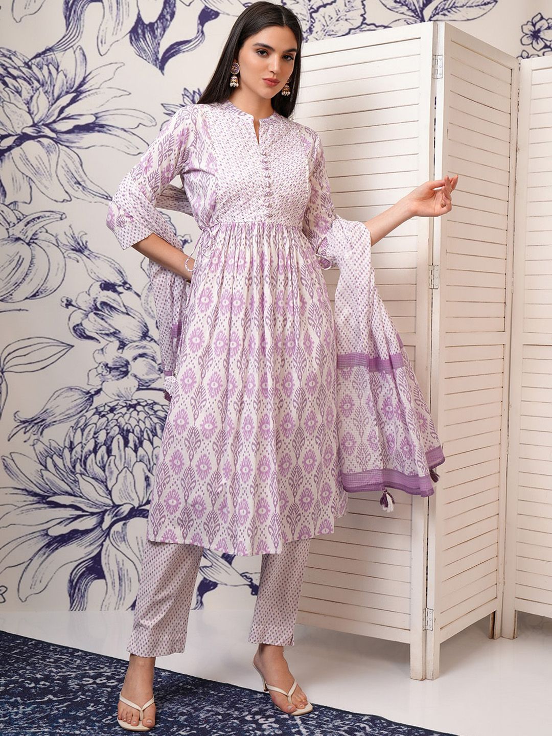 Vishudh Pink Ethnic Motifs Printed Regular Pure Cotton Kurta with Trouser & Dupatta