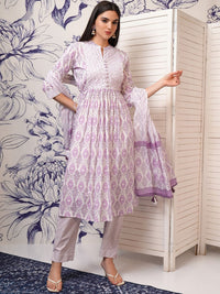 Vishudh Pink Ethnic Motifs Printed Regular Pure Cotton Kurta with Trouser & Dupatta