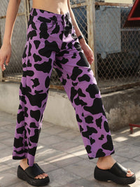 STREET 9 Women Lavender Printed Relaxed Loose Fit High-Rise Cotton Trousers