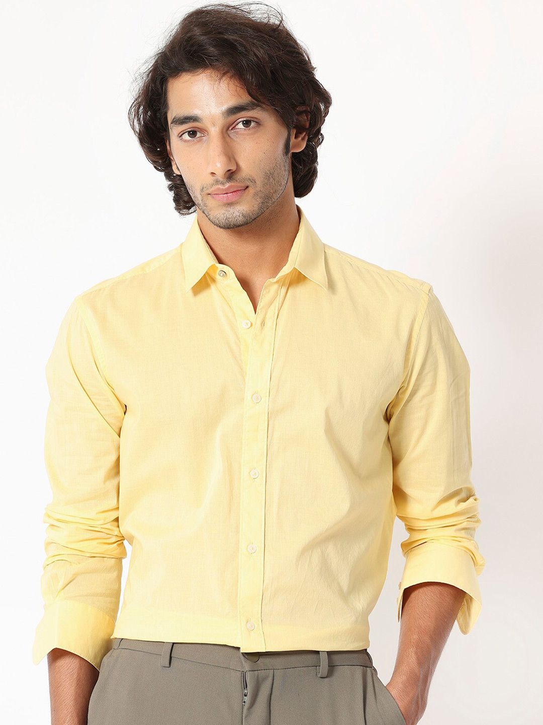 RARE RABBIT Men Flees Spread Collar Slim Fit Opaque Pure Cotton Shirt