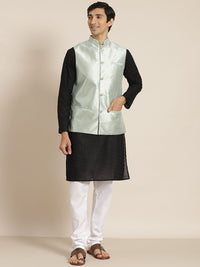 SOJANYA Lelaki Motif Etnik Hitam Chikankari Kurta Kapas Tulen dengan Jaket Churidar & Nehru