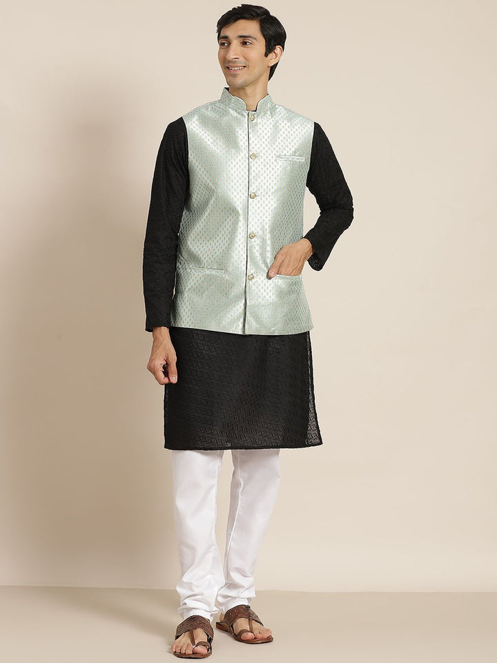 SOJANYA Lelaki Motif Etnik Hitam Chikankari Kurta Kapas Tulen dengan Jaket Churidar & Nehru