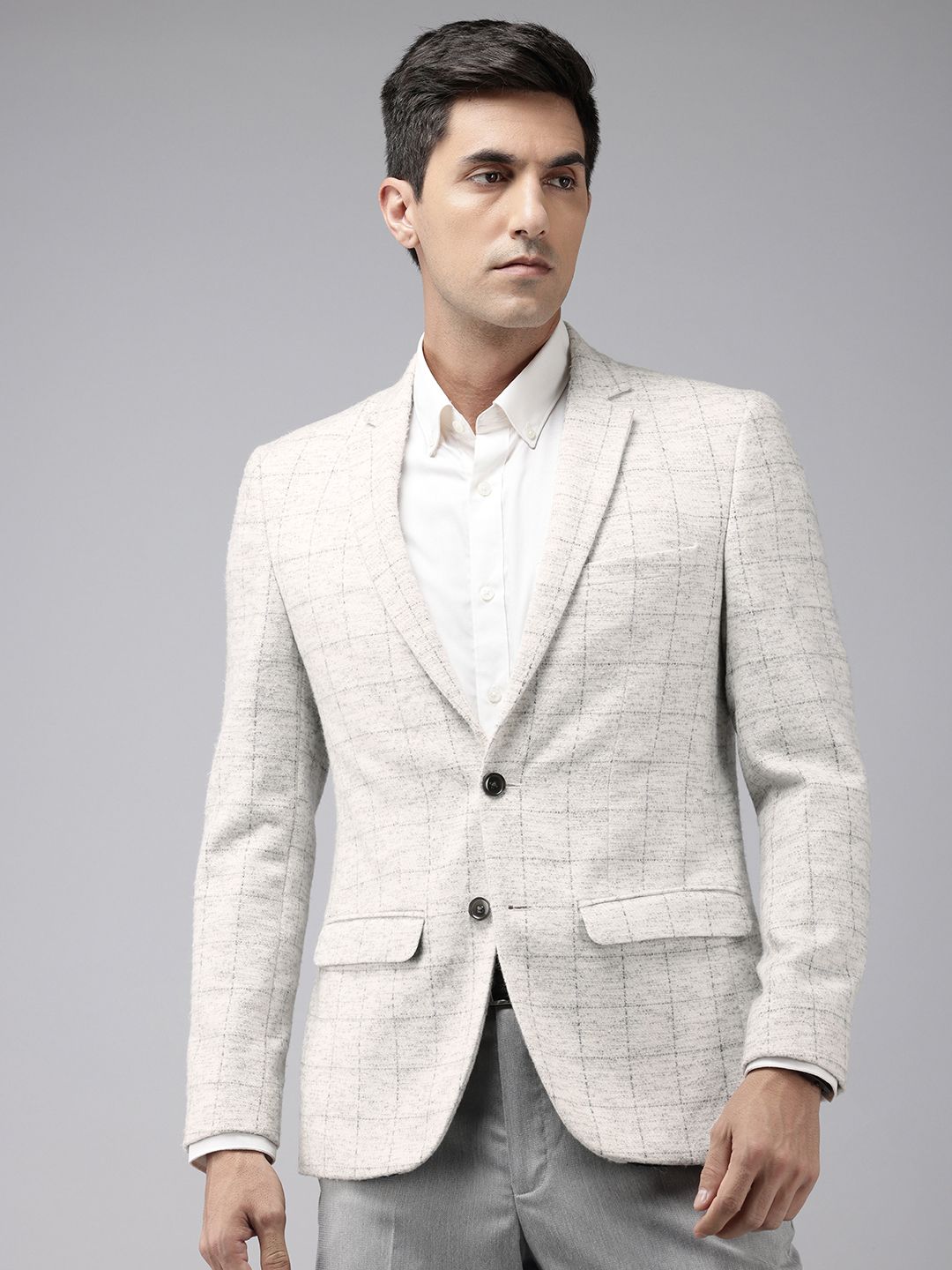 Park Avenue Notched Lapel Single Breasted Checked Slim Fit Formal Blazer