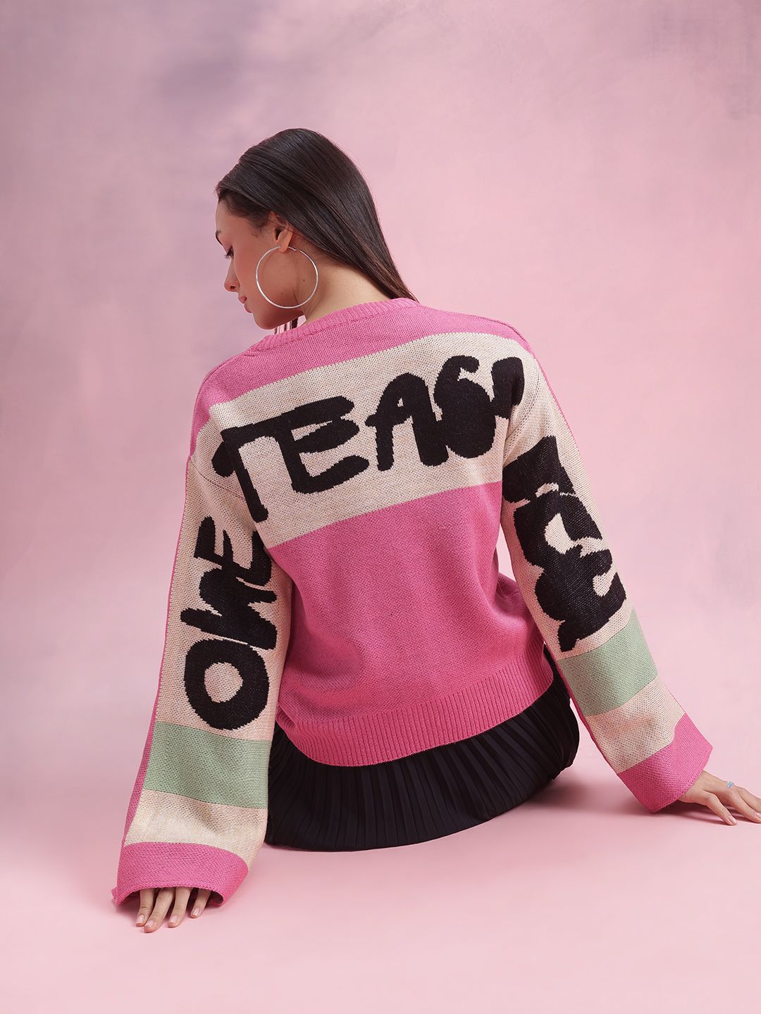 DressBerry Typography Colourblocked Flared Sleeve Pullover