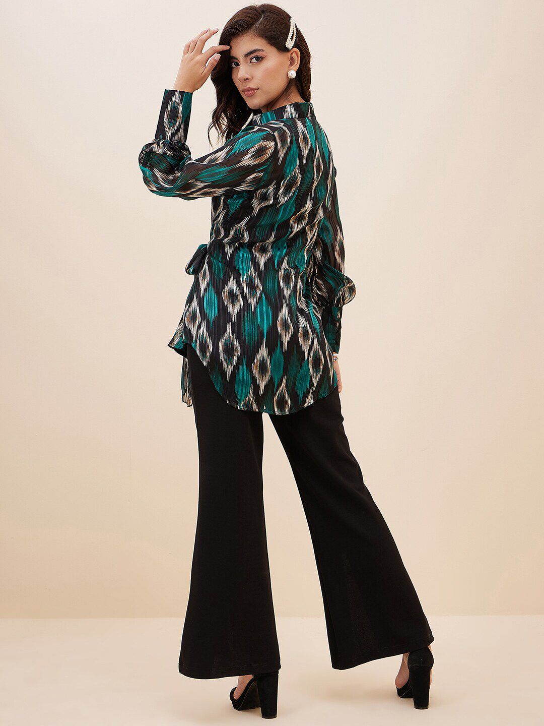 Antheaa Black & Teal Green Printed Front Tie-Up Shirt With Trousers