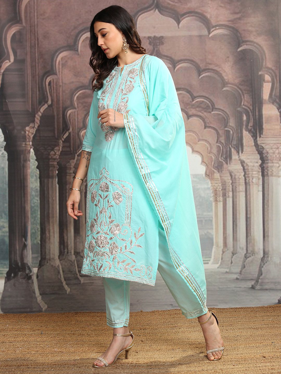 Vishudh Turquoise Blue Notch Neck Floral Embroidered Pure Cotton Straight Kurta Set