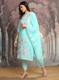 Vishudh Turquoise Blue Notch Neck Floral Embroidered Pure Cotton Straight Kurta Set