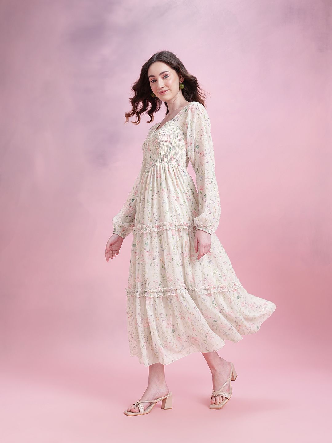 DressBerry Floral Print Tiered A-Line Midi Dress
