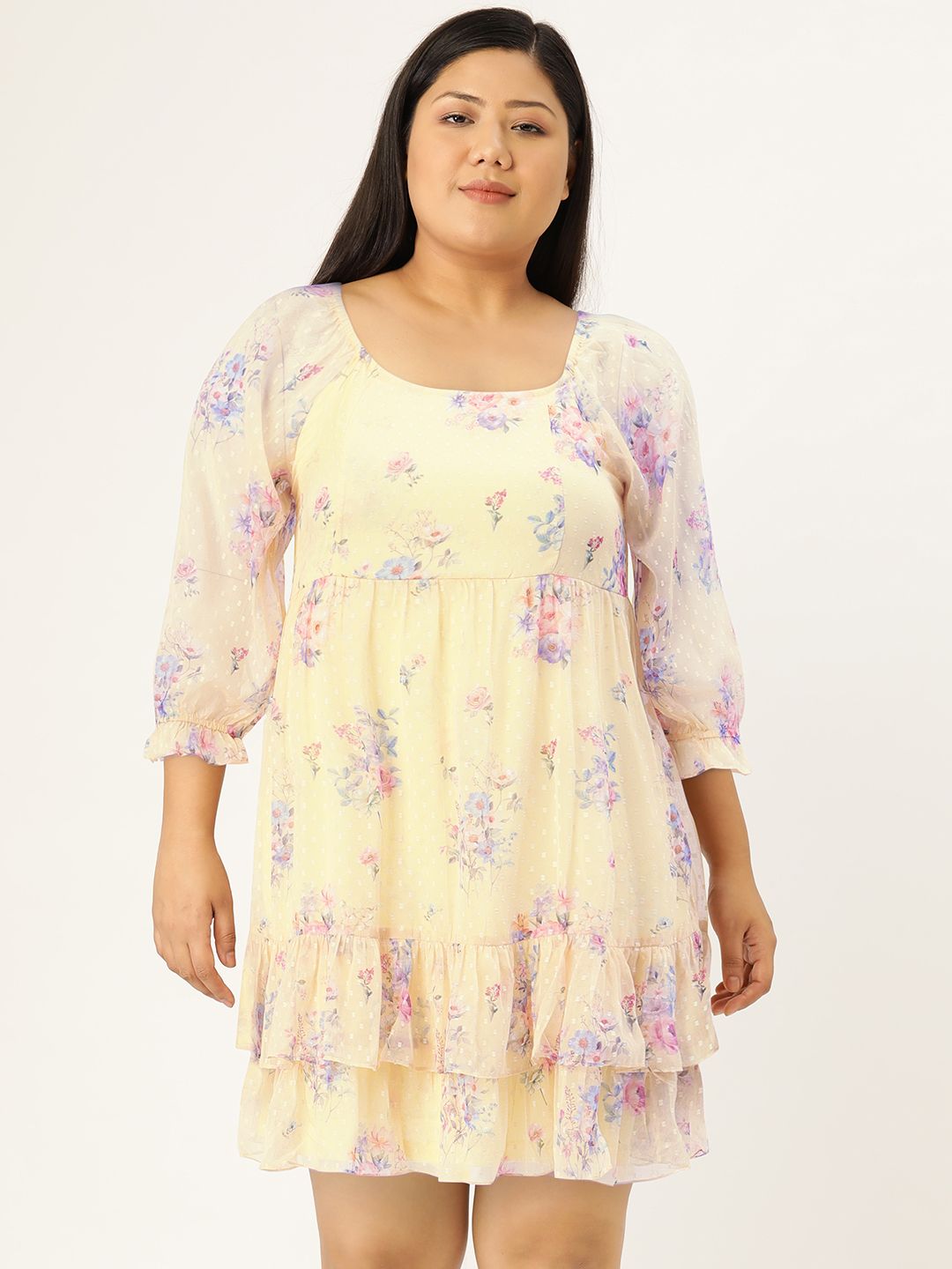 AND Square Neck Floral Printed Layered Smocked A-Line Dress