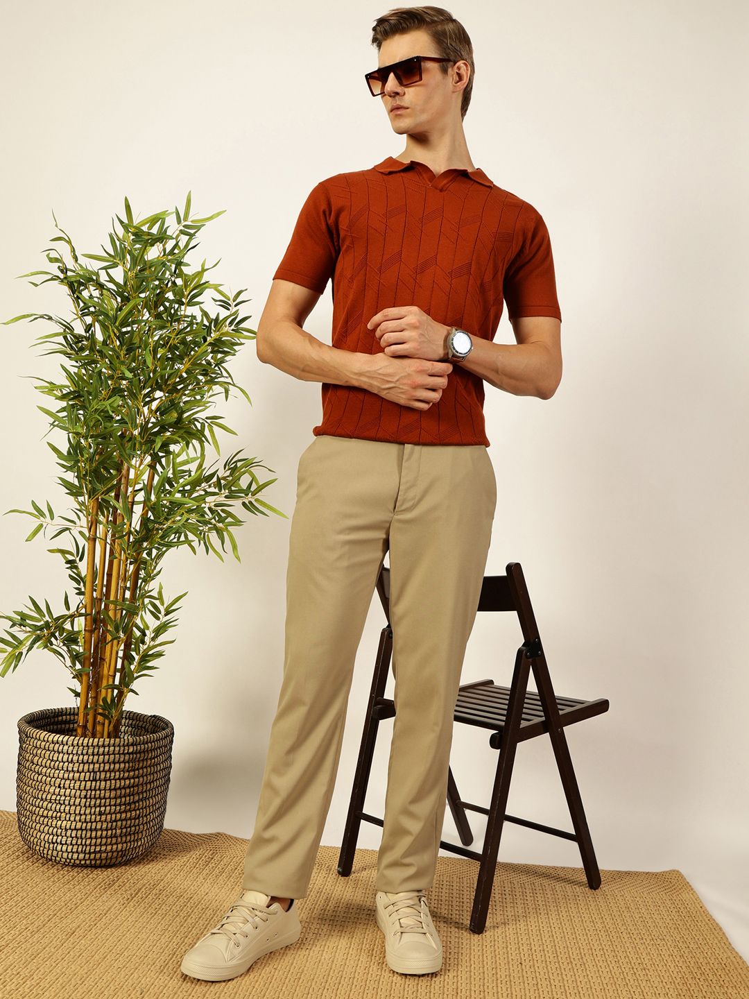Thomas Scott Men Self Design Regular Fit Knitted Polo T-shirt