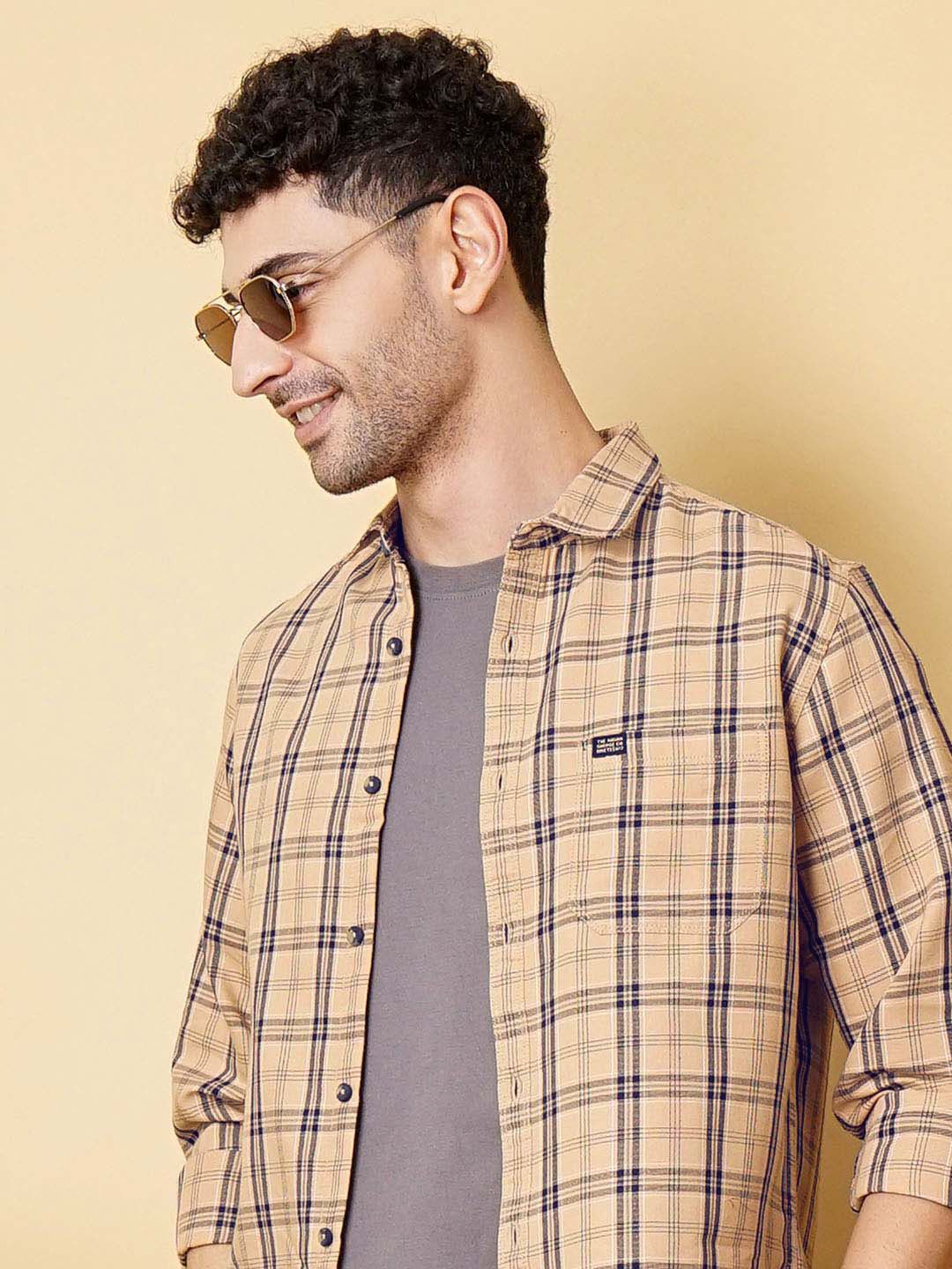 The Indian Garage Co Men Beige Regular Fit Tartan Checks Opaque Checked Casual Shirt