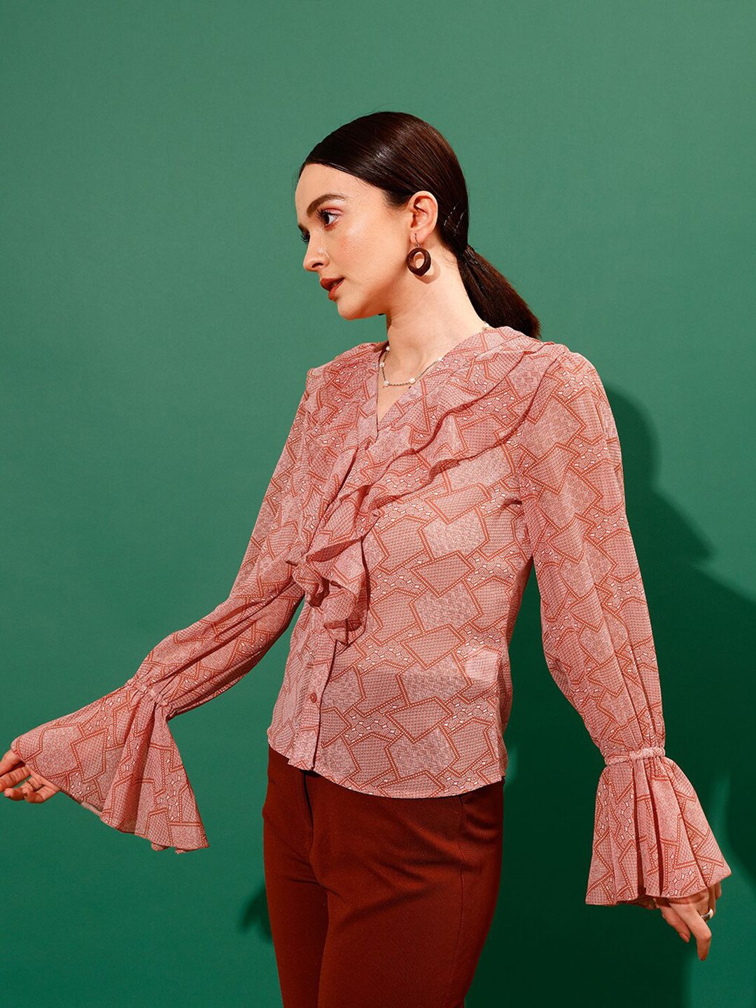 STREET 9 V-Neck Geometric Printed Shirt Style Sheer Ruffled Top