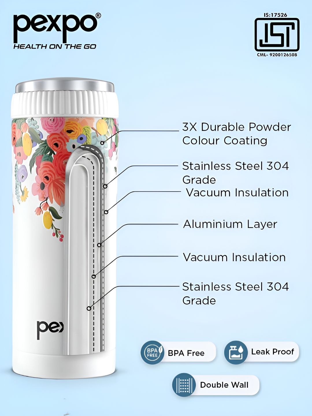 Pexpo White & Red Floral Printed Stainless Steel Double Wall Vacuum Water Bottle 500ML