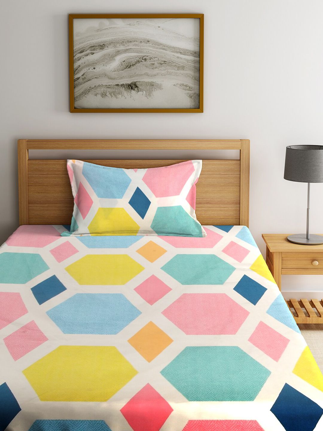 KLOTTHE Yellow & Blue Geometric 210 TC 2 Single Bedsheet with 2 Pillow Covers