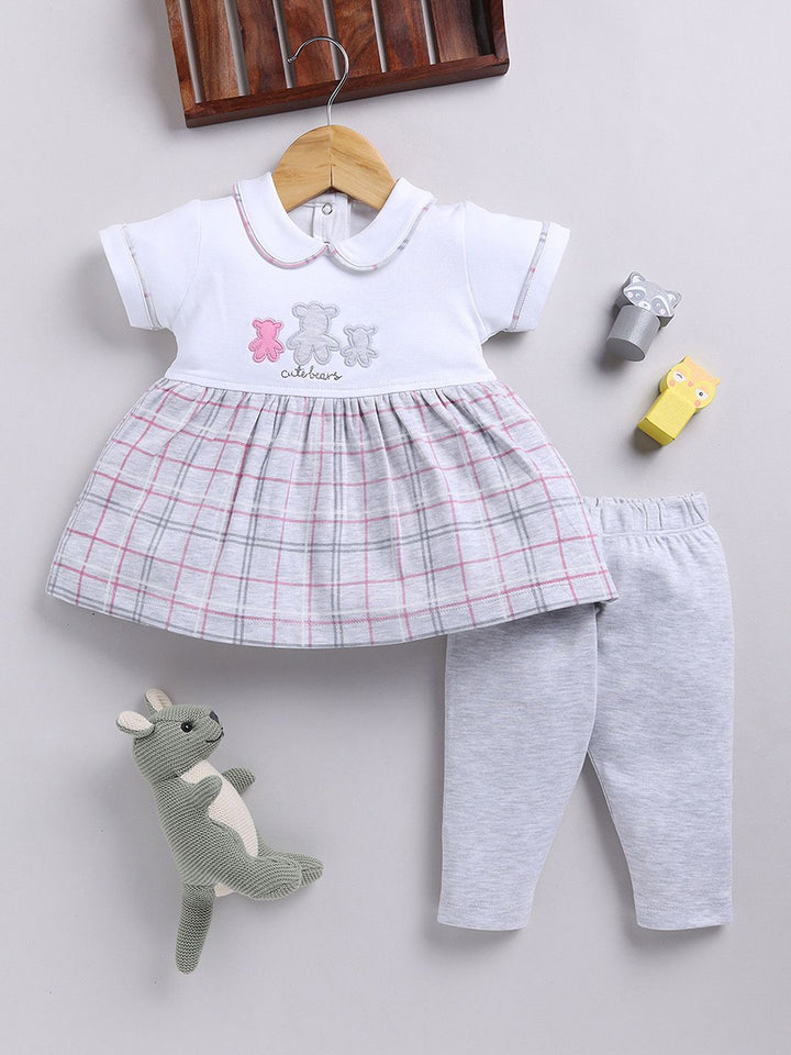 Moms Love Infant Girls Pure Cotton Checked Dress with Trousers