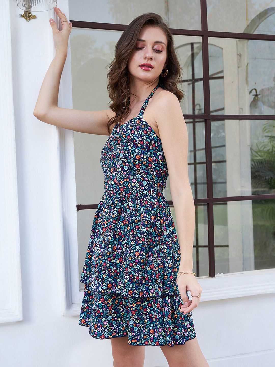 Berrylush Floral Print Layered Crepe Fit & Flare Dress