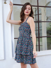 Berrylush Floral Print Layered Crepe Fit & Flare Dress