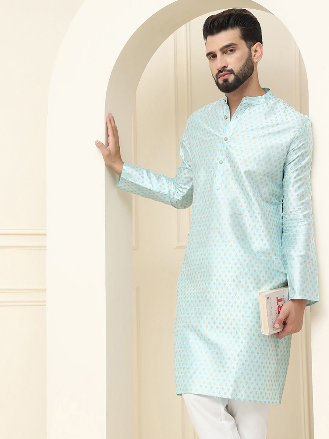SOJANYA Lelaki Motif Etnik Kerajang Printed Silk Cotton Kurta