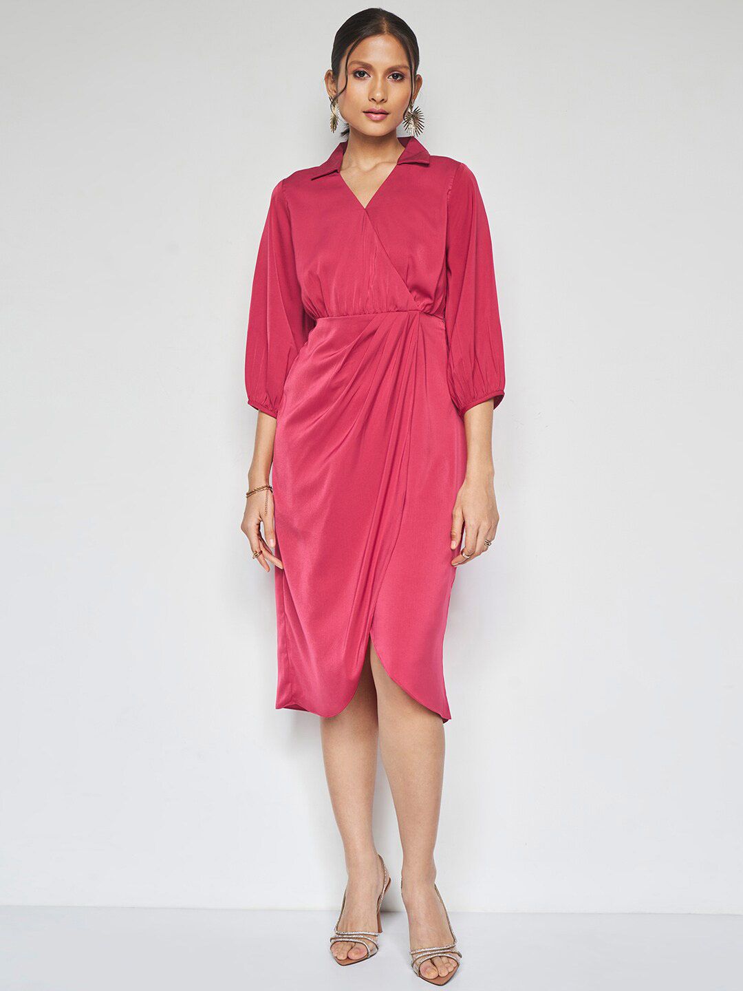 AND Shirt Collar Puff Sleeves Tulip Wrap Dress
