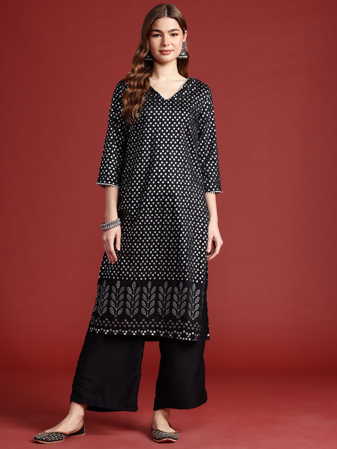 Anouk Floral Print Gotta Patti Kurta with Palazzos & Dupatta