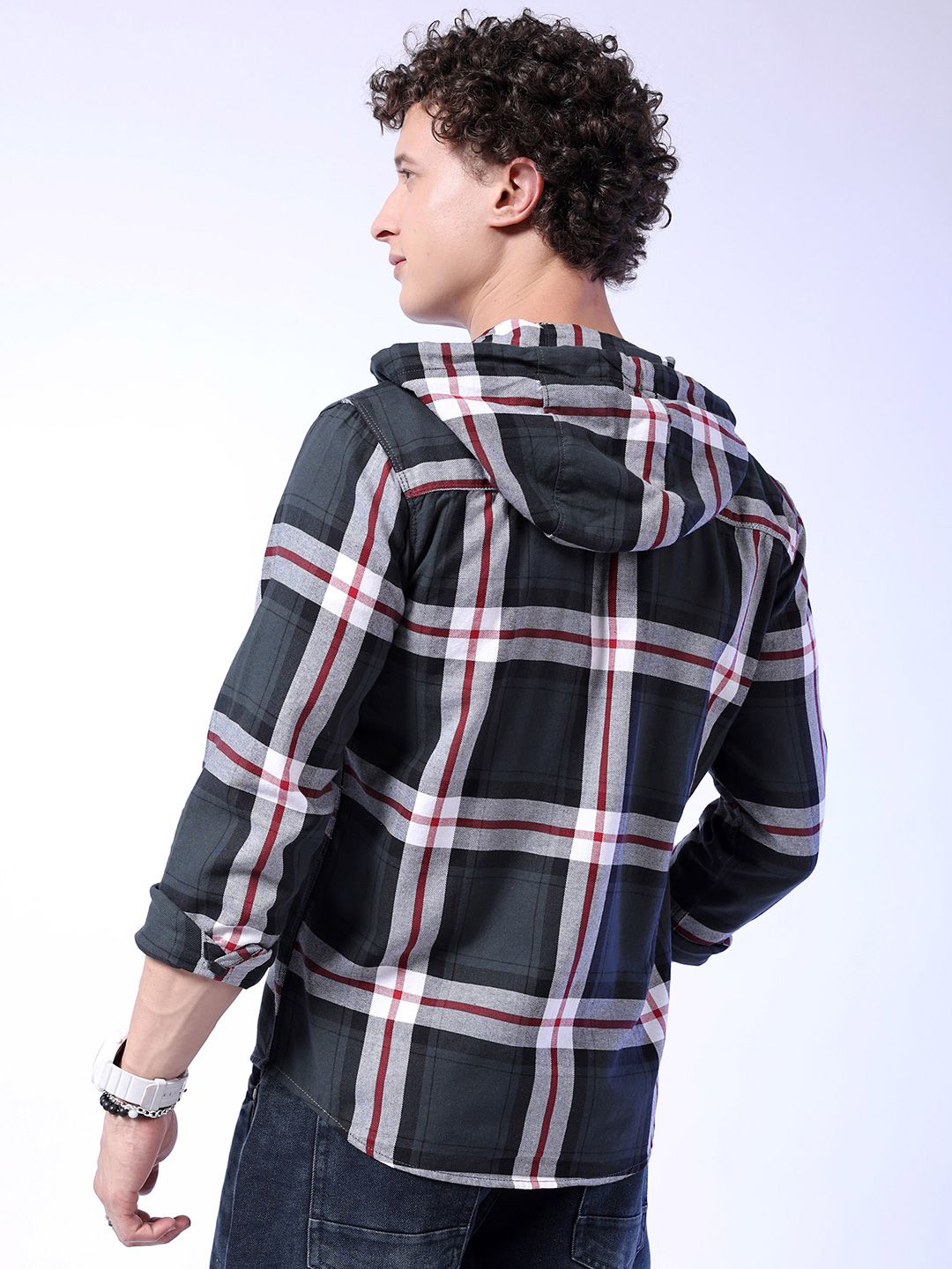 The Indian Garage Co Tartan Checked Hooded Long Sleeves Cotton Shacket