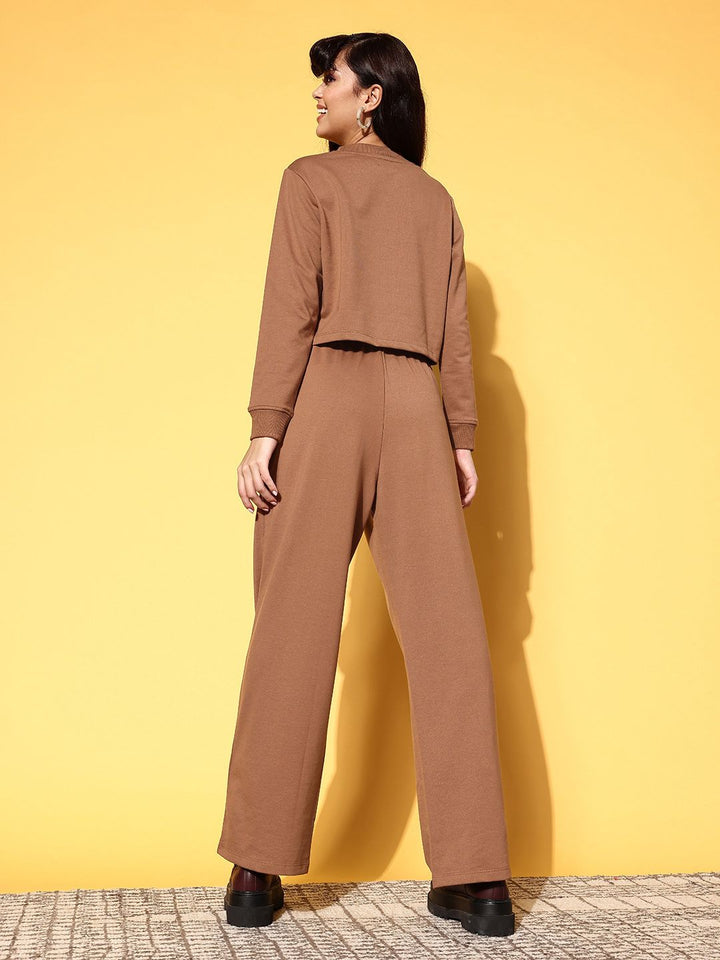 SASSAFRAS Women Chic Brown Printed Sweatshirt with Solid Trousers