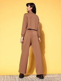 SASSAFRAS Women Chic Brown Printed Sweatshirt with Solid Trousers