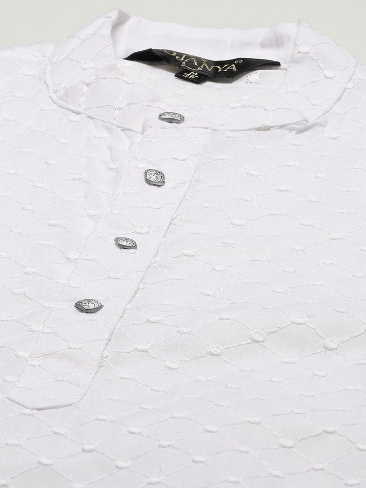 SOJANYA Men White Ethnic Motifs Chikankari Pure Cotton Kurta with Churidar & Nehru Jacket