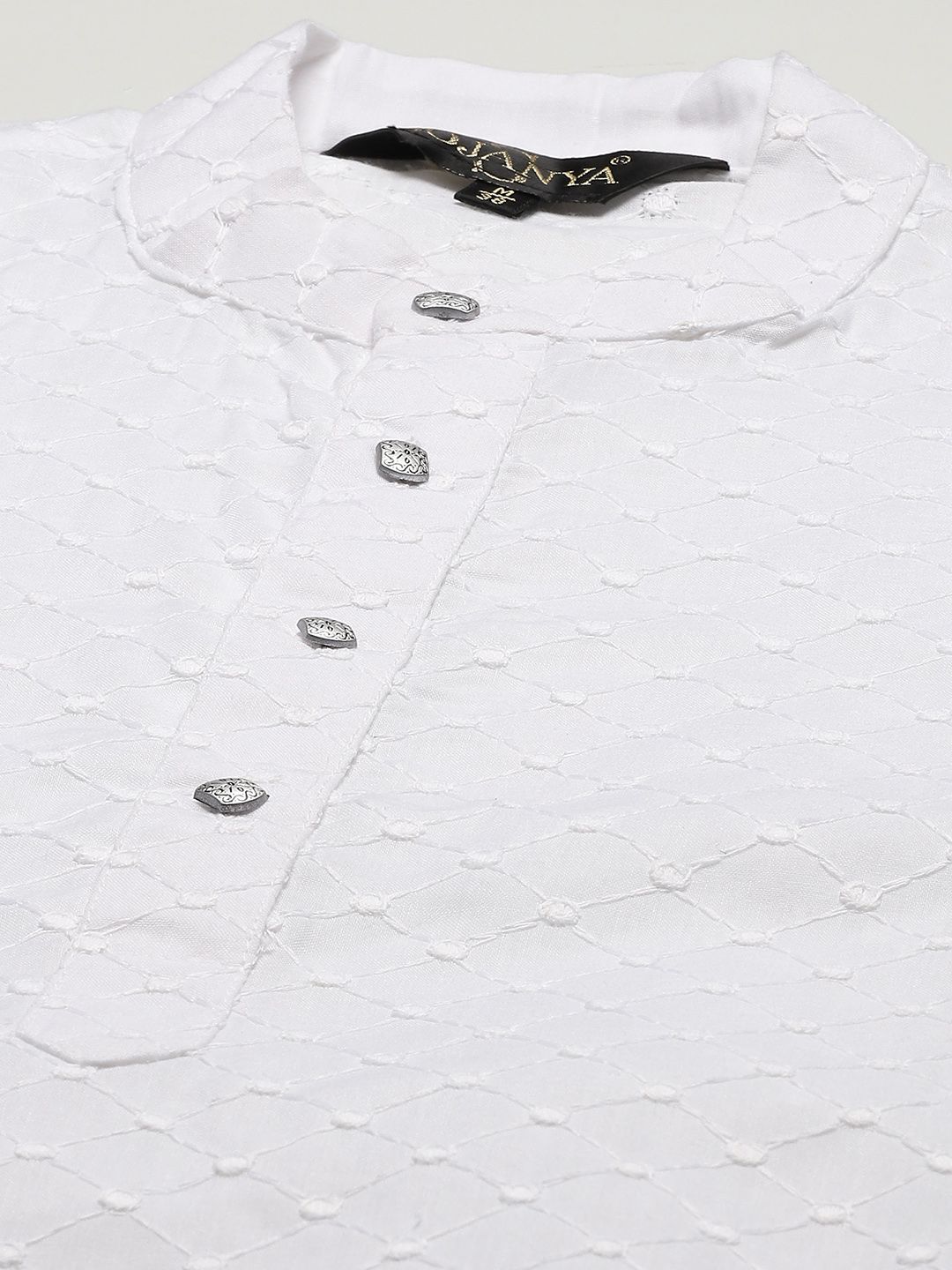 SOJANYA Men White Ethnic Motifs Chikankari Pure Cotton Kurta with Churidar & Nehru Jacket