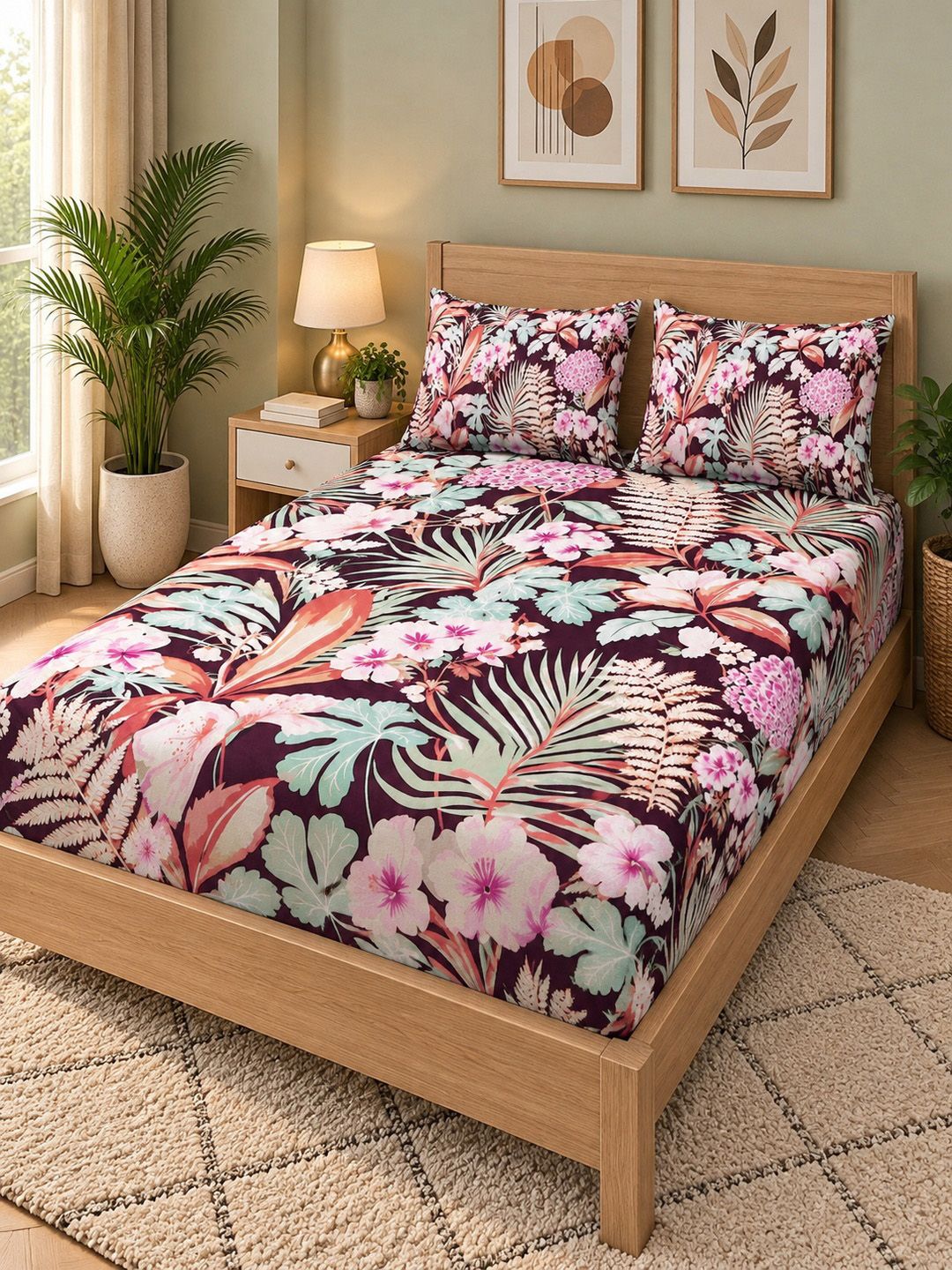 KLOTTHE Berwarna Bunga 400 TC Cadar King dengan 2 Sarung Bantal