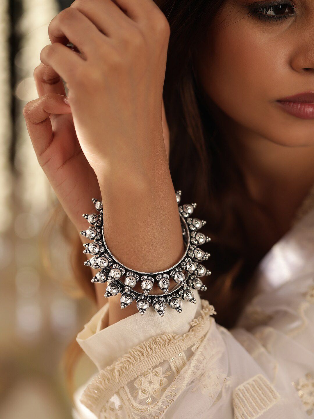 Rubans Set Of 2 Silver-Plated Oxidized Artisan-Crafted Bangles with Ghungroo Beads