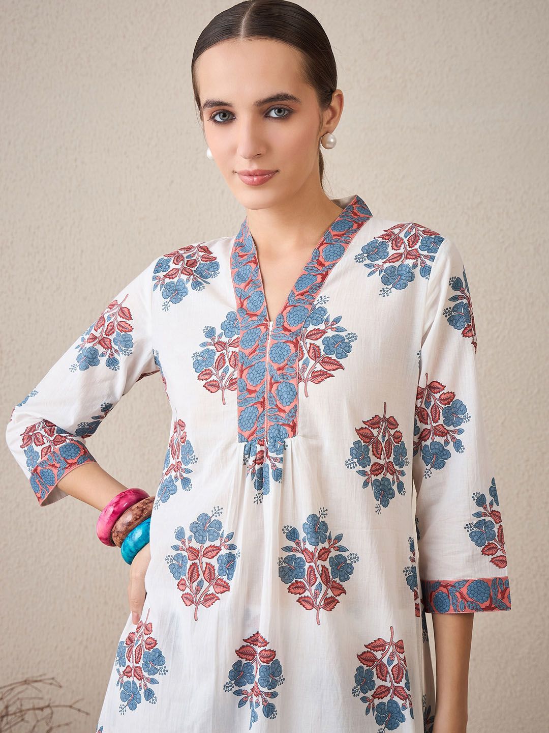 Indo Era Floral Printed V-Neck Cotton A-Line Kurta With Trousers