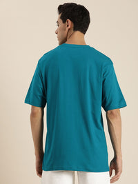 DILLINGER Men Ink Blue & Yellow Printed Drop-Shoulder Sleeves Pure Cotton Oversized T-shirt