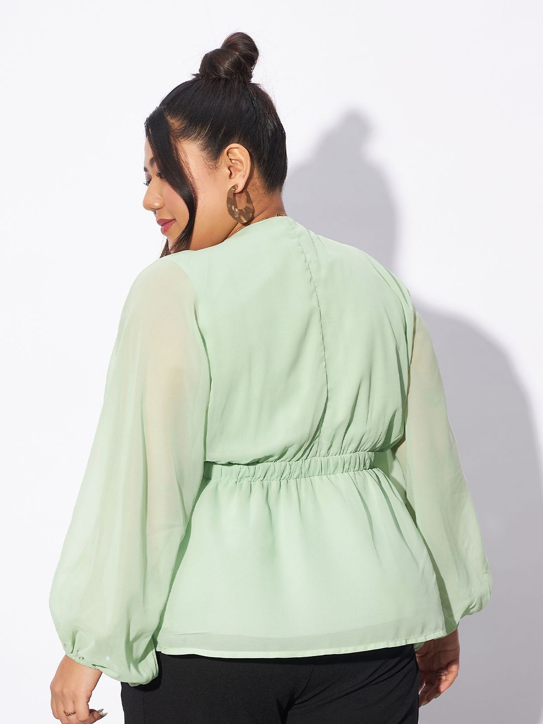 SASSAFRAS Curve Plus Size V-neck Batwing Sleeves Georgette Peplum Top